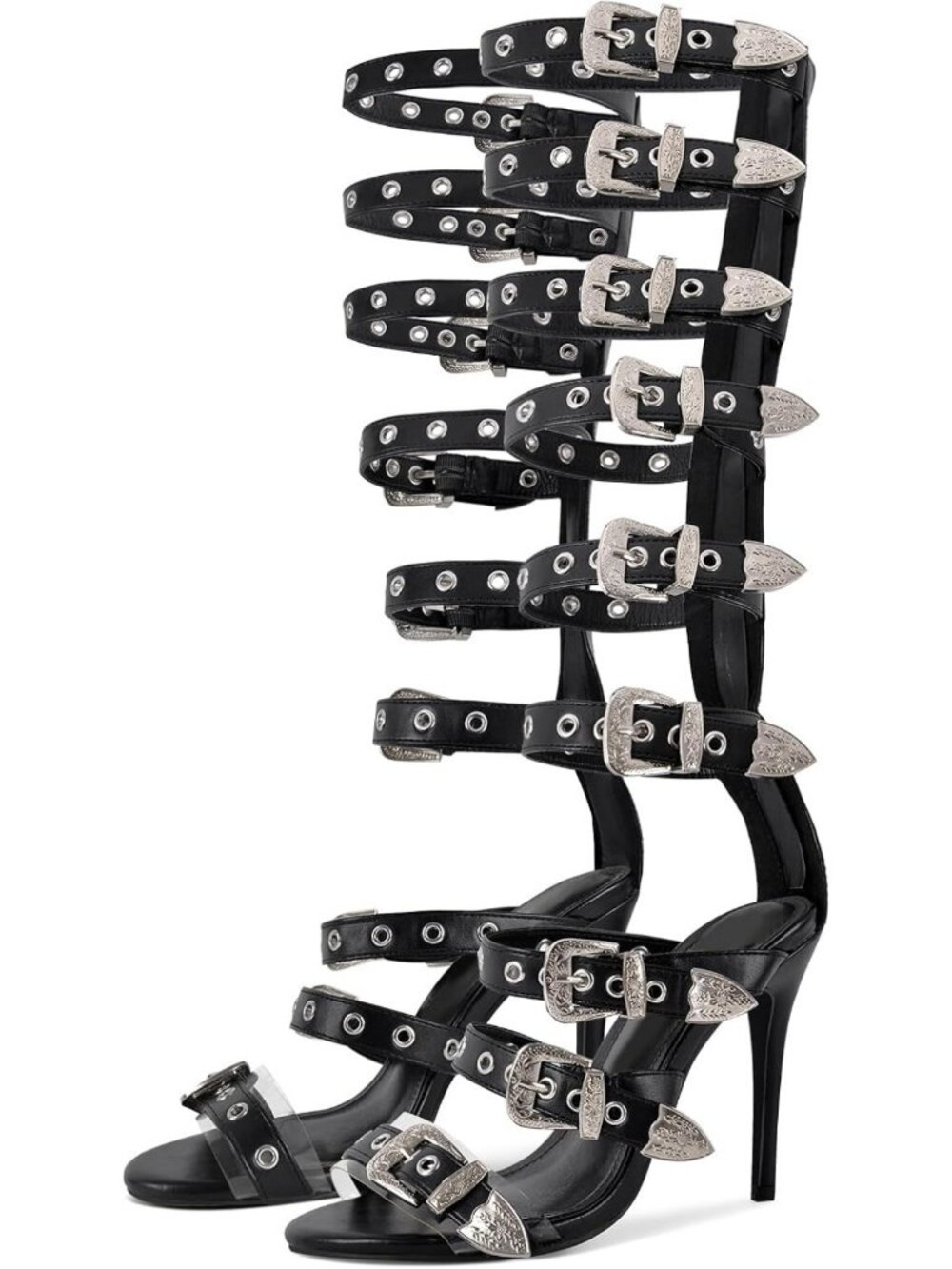 Knee High Gladiator Sandals with Back Zip, Buckle Straps & Wrap Heels for Women